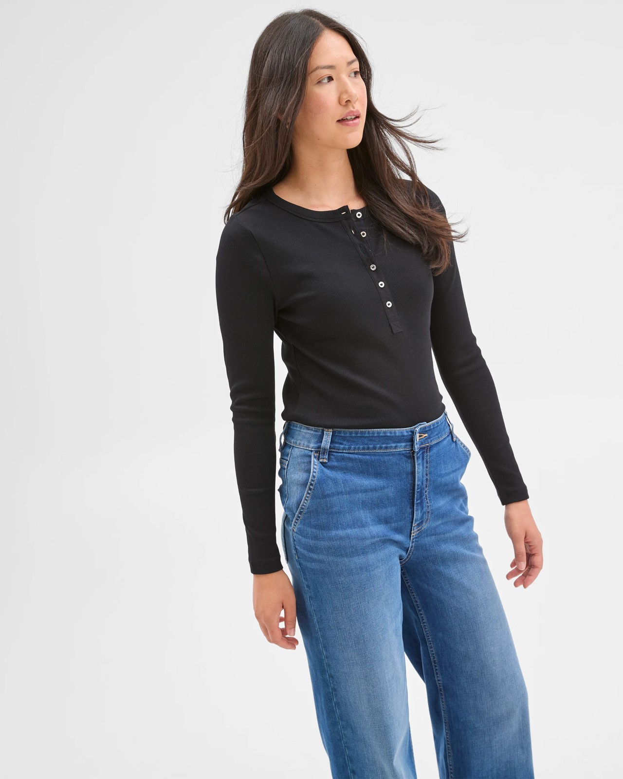 Australian Cotton Long Sleeve Rib Henley T-Shirt - Black 5 of 5