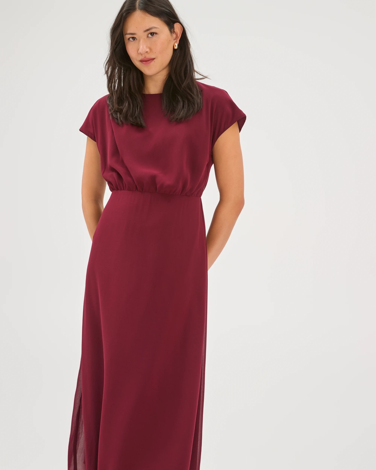 Preview Sheer Drape Front Midi Dress - Sangria 5 of 5