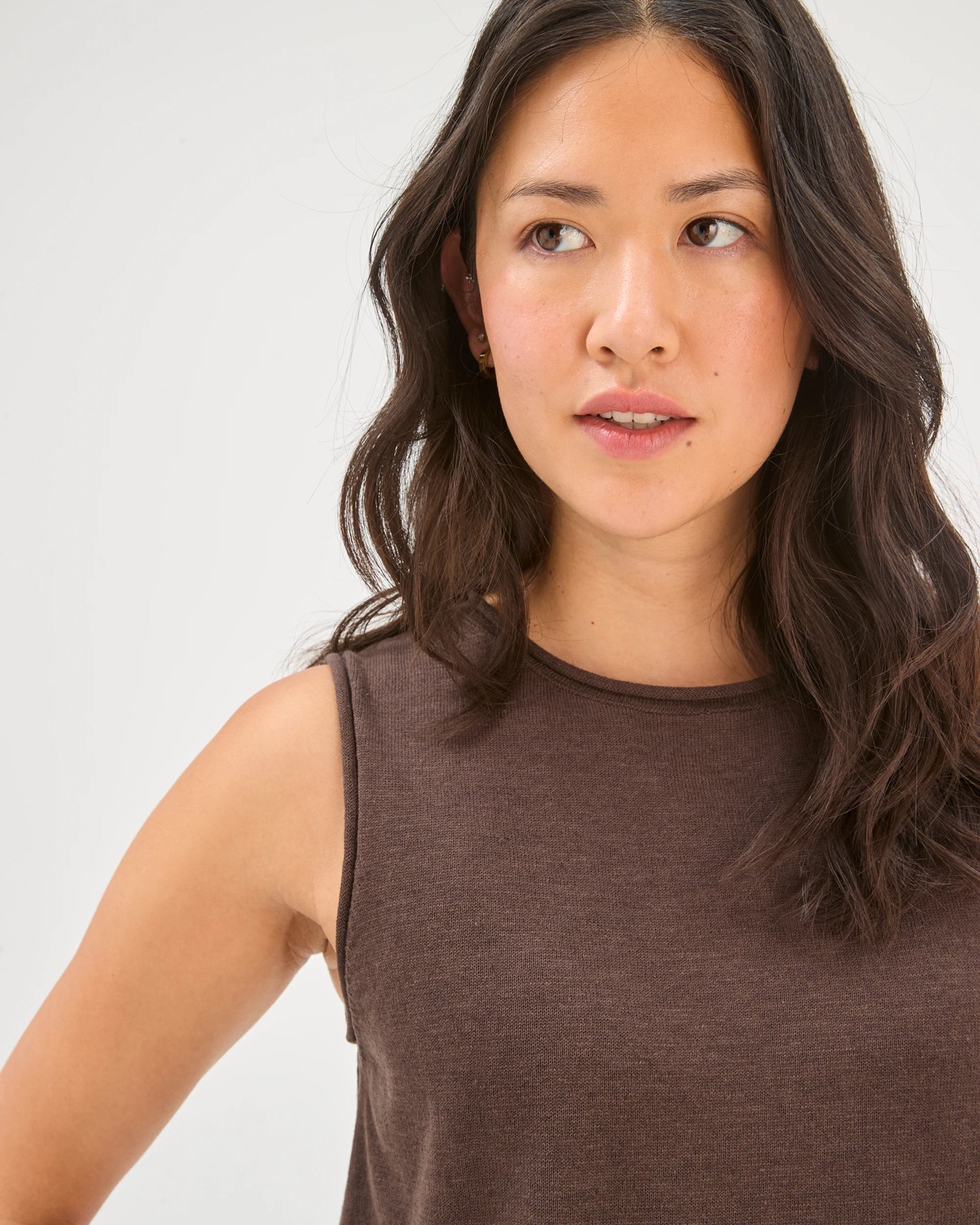 Australian Cotton Blend Rolled Edge Knitted Tank Top - Coffee 4 of 6