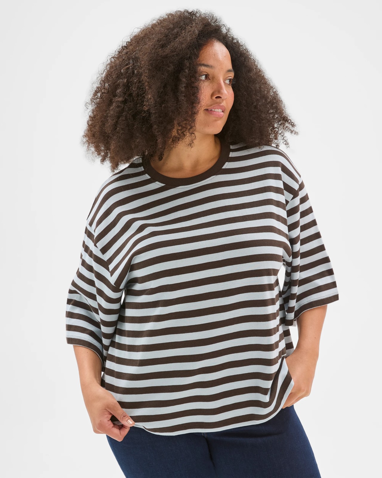 Plus Size Australian Cotton Wide Sleeve Boxy T-Shirt - Coffee/Blue 4 of 5
