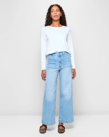 Wide Leg High Rise Full Length Flat Front Denim Jeans - Mila