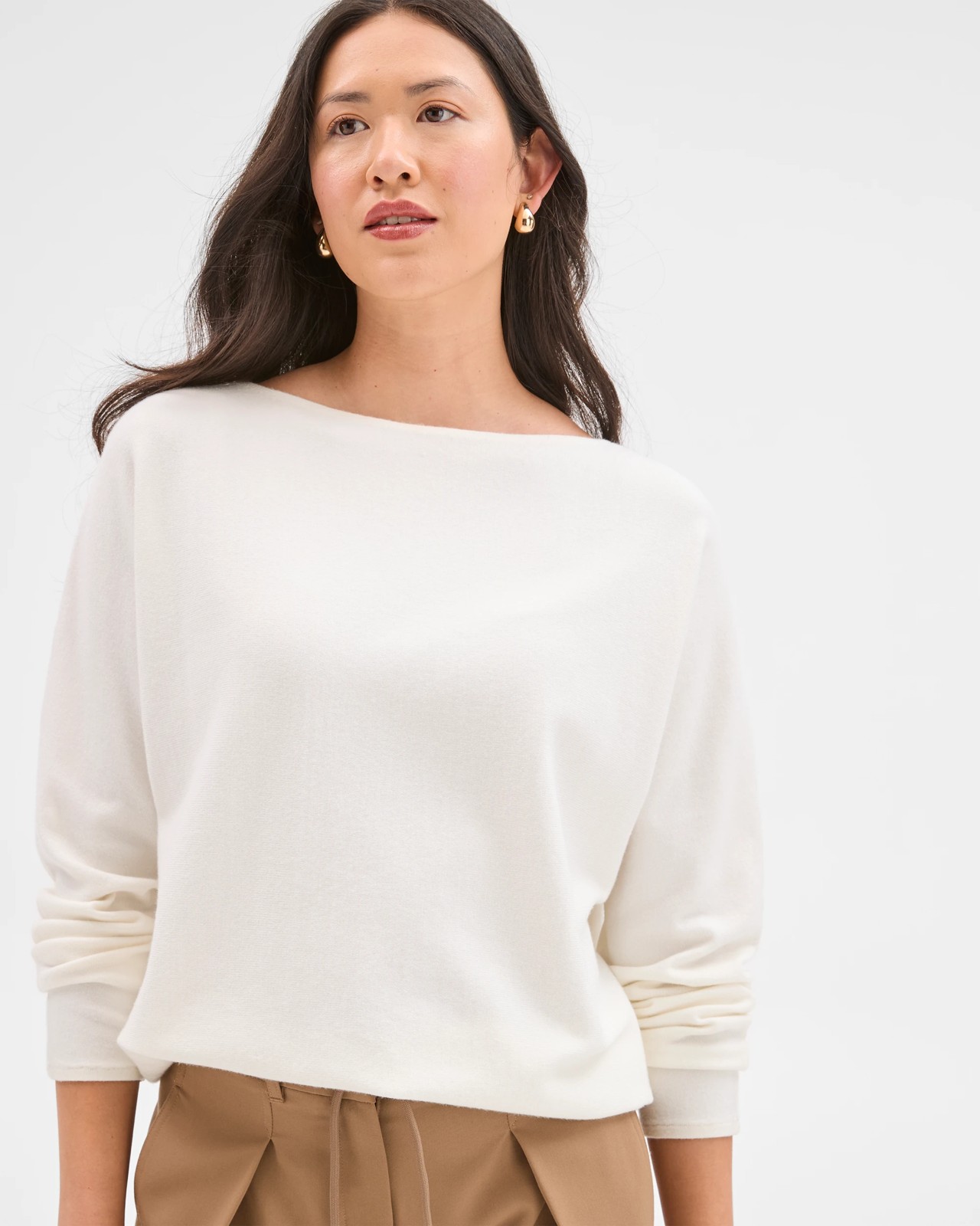 Preview Dolman Sleeve Boat Neck Knit Sweater - Cloud Dancer 3 of 6