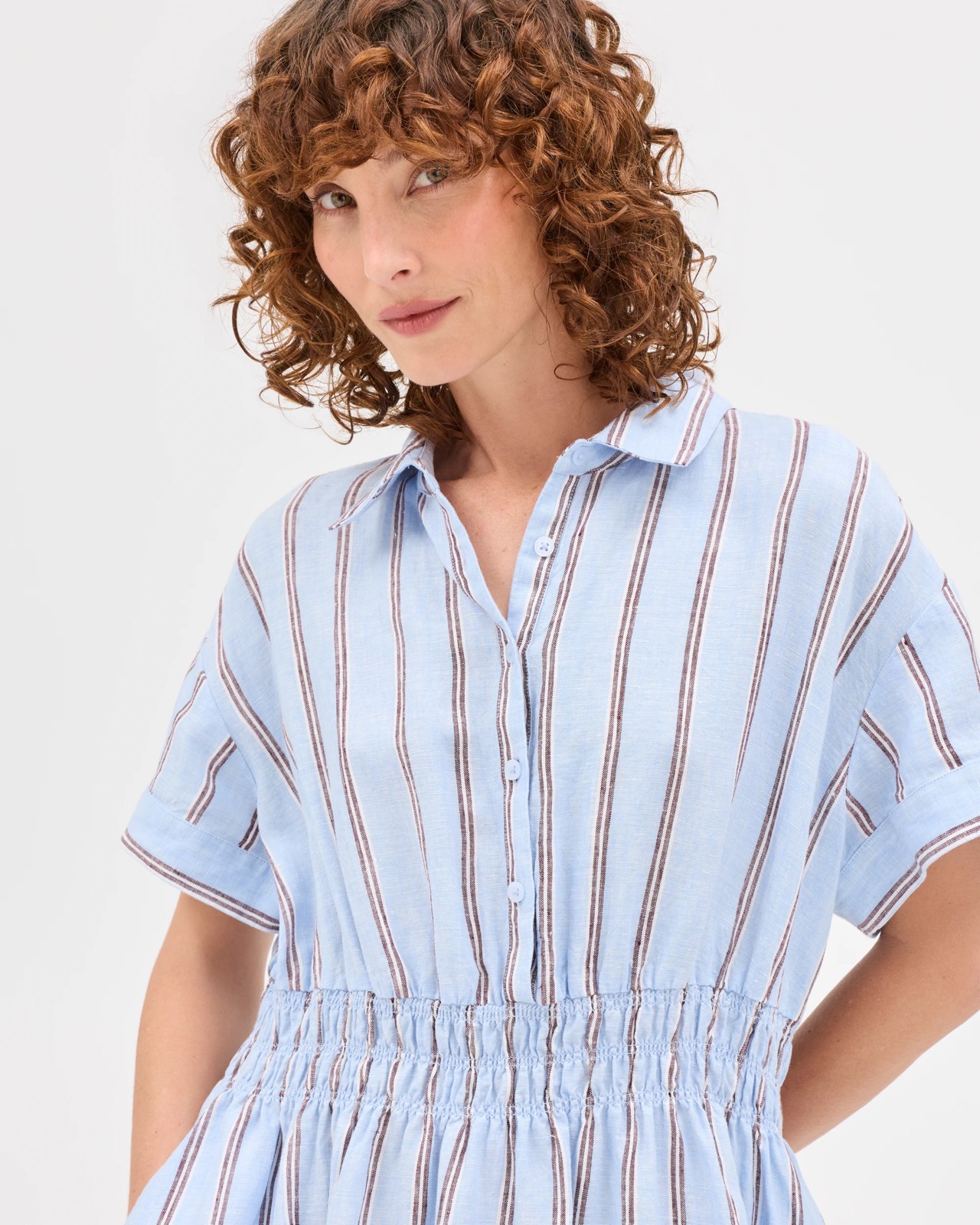 European Linen Shirred Waist Midi Dress - Blue / Stripe 4 of 5