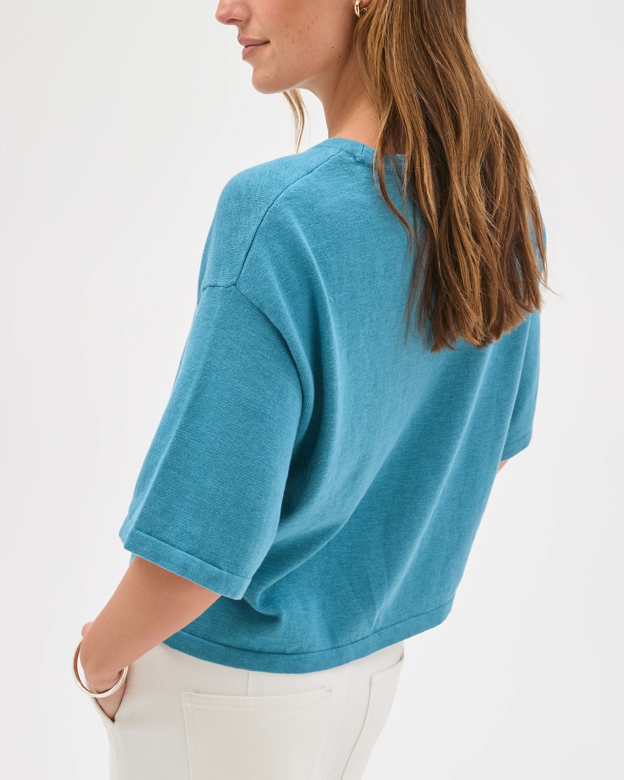 Australian Cotton Blend Drop Shoulder Boxy Knit T-Shirt - Soft Ocean 6 of 6