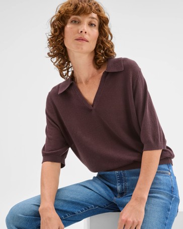 Linen Blend Short Sleeve Polo Knit Top