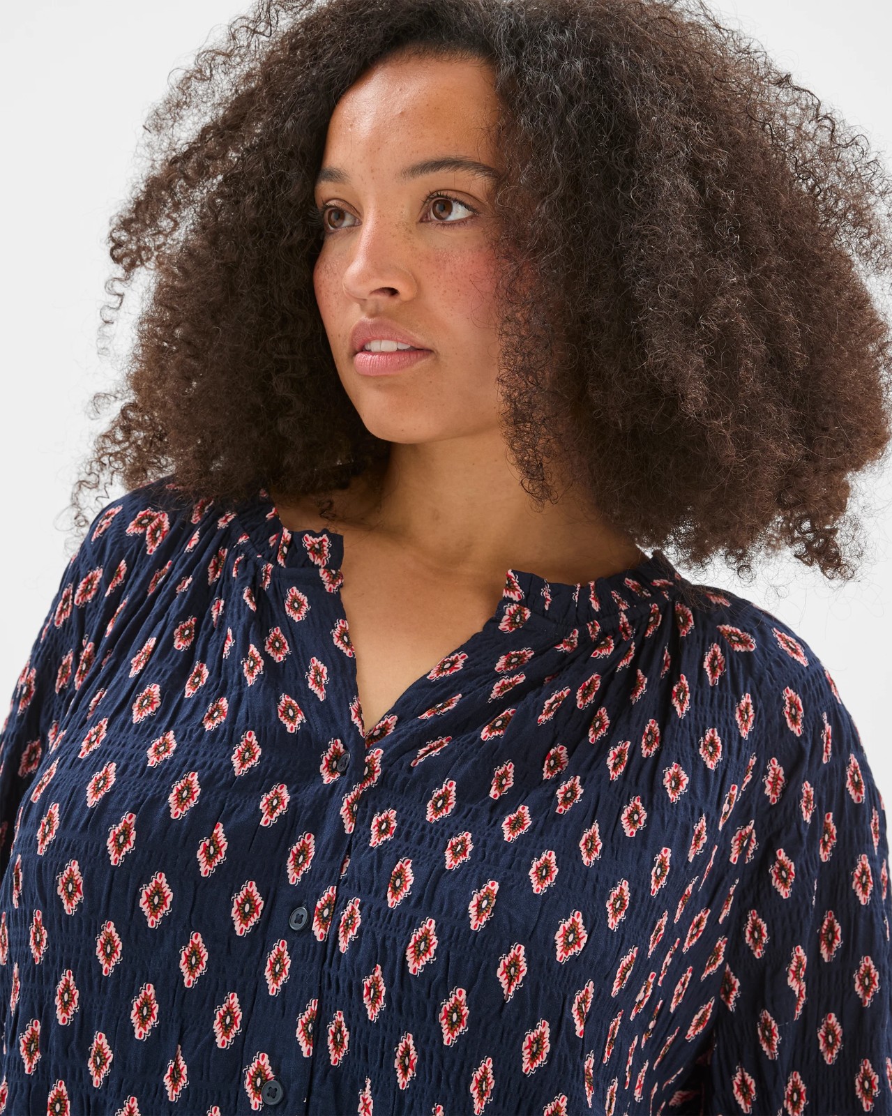 Plus Size Long Sleeve Romantic Blouse - Petrol Print 3 of 5