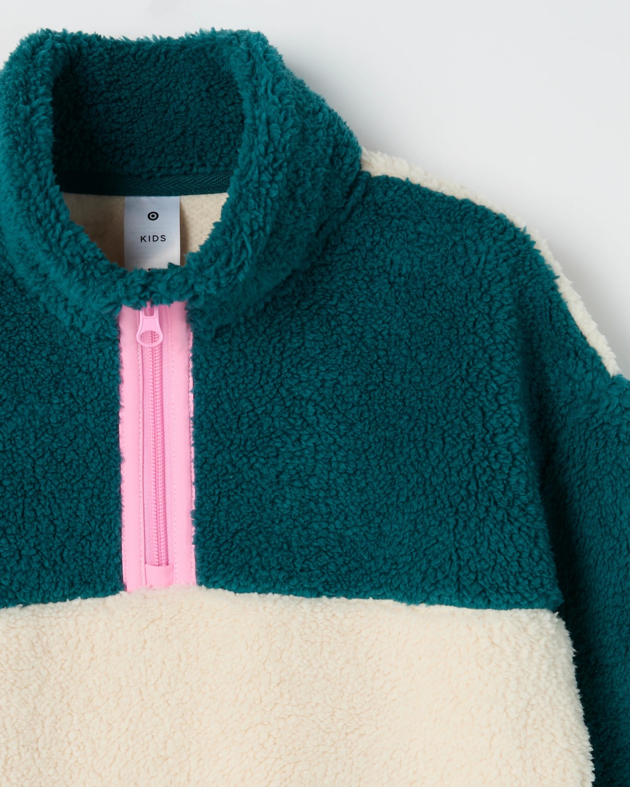 Quarter Zip Colour Block Teddy Fleece Jumper - Green 2 of 2