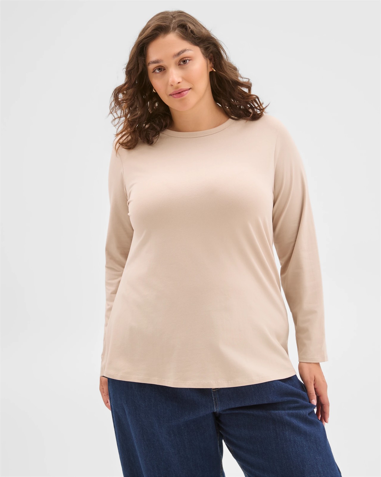Plus Size Australian Cotton Long Sleeve Crew T-Shirt - Birch 2 of 6