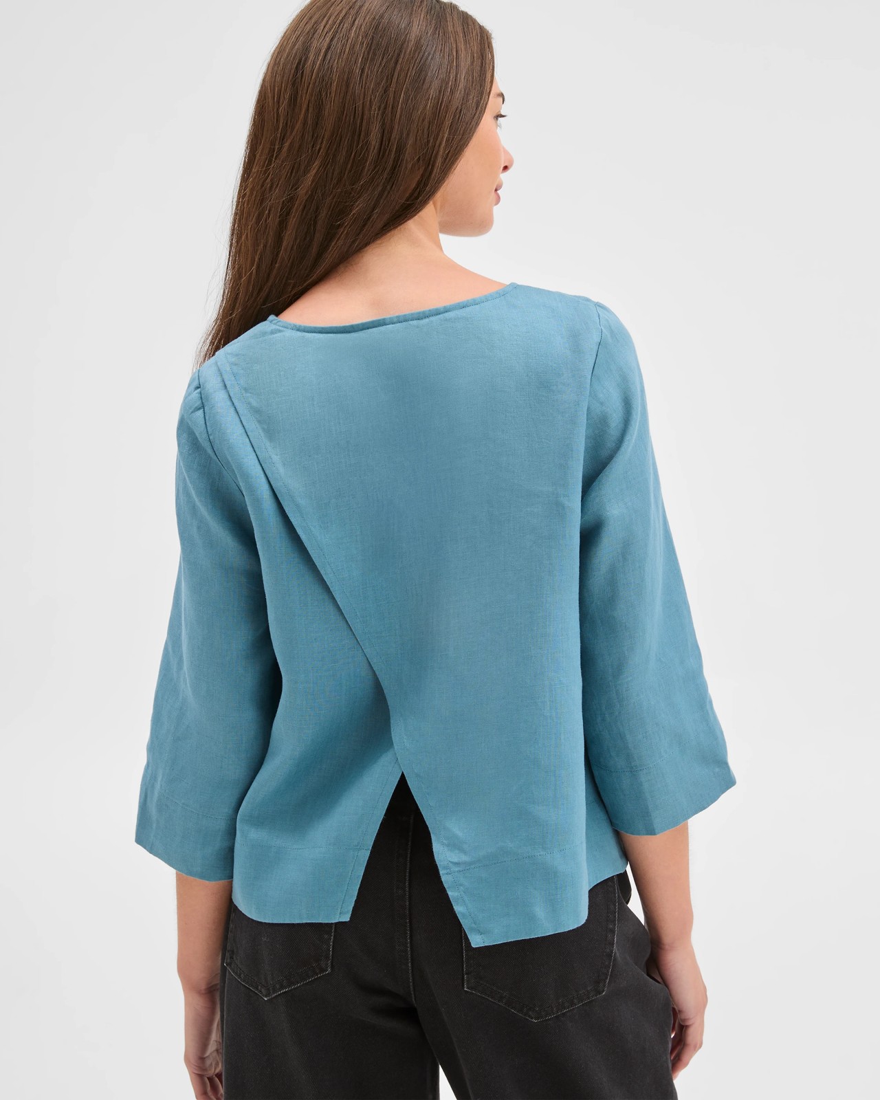Petites European Linen 3/4 Sleeve Cross Back Top - Sea Teal 5 of 5