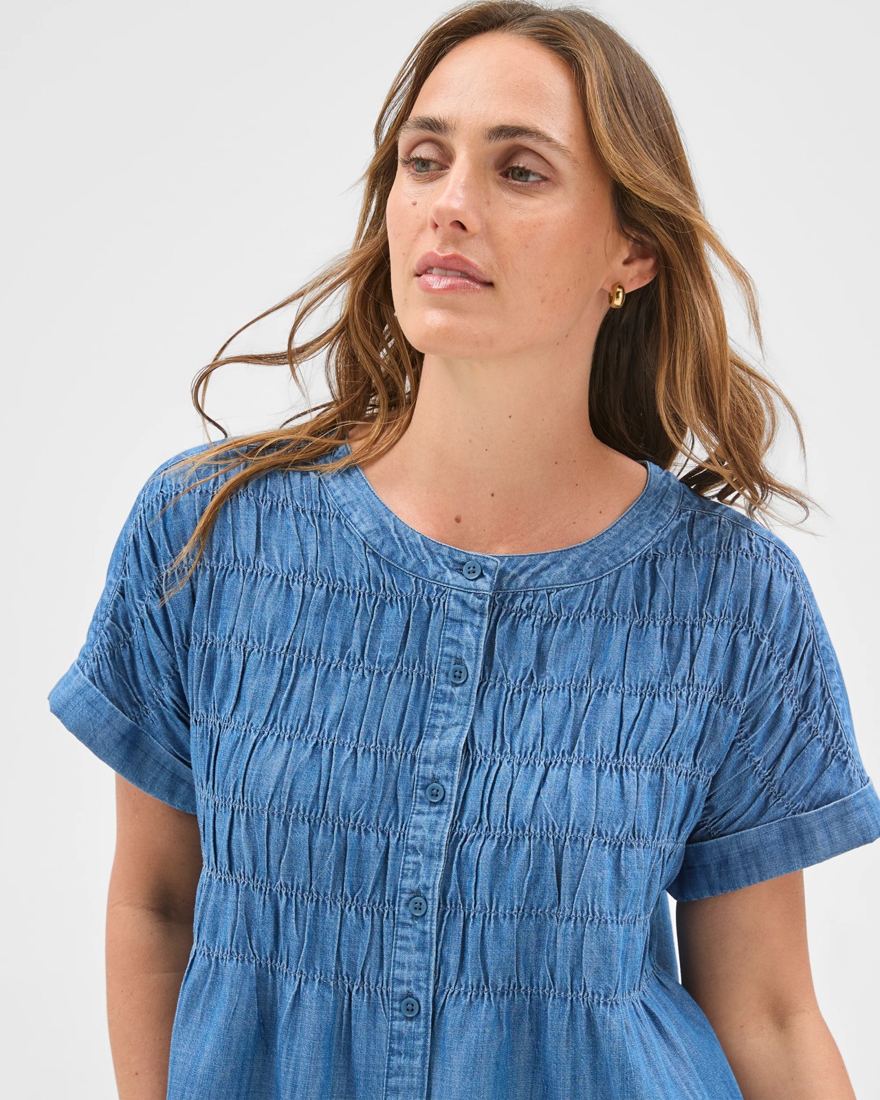 Cotton Blend Short Sleeve Shirred Button Through Top 3 of 6