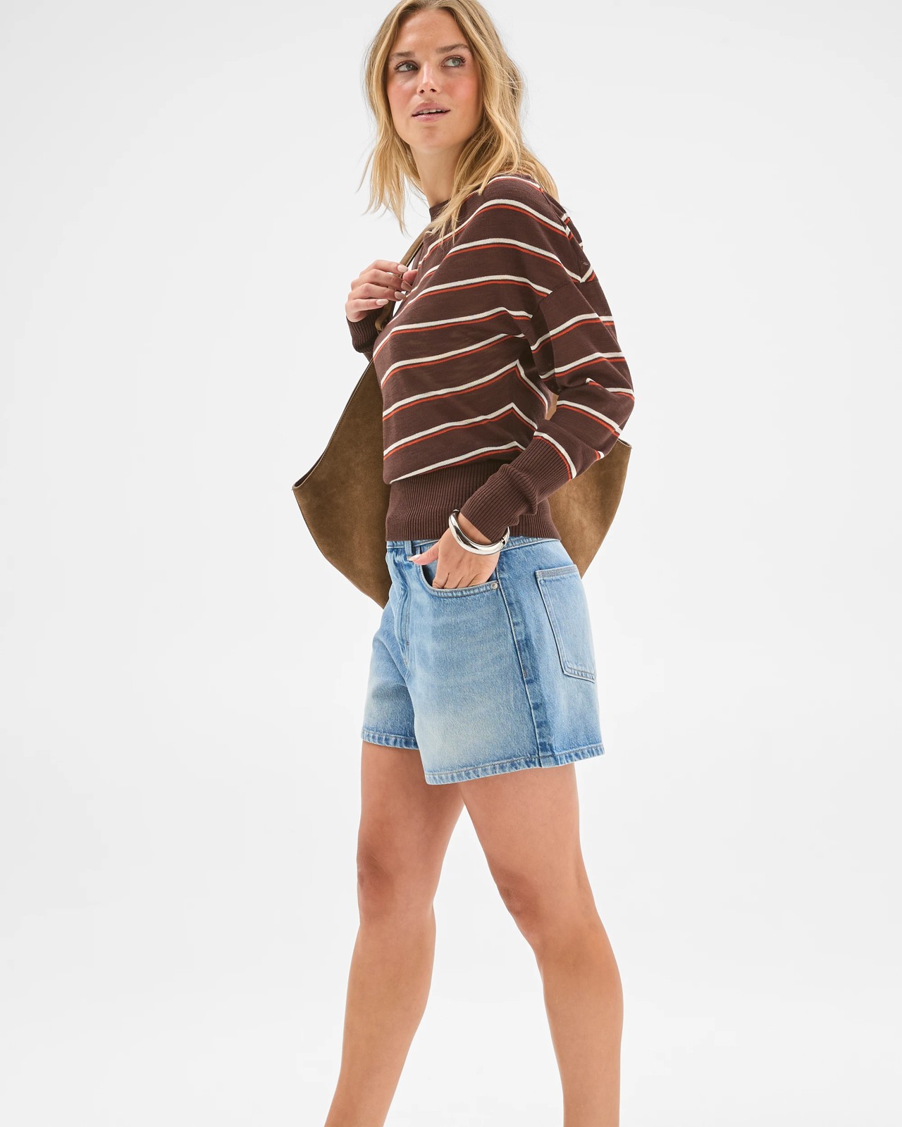 Lily Loves Slub Off Shoulder Knit Top - Brown Stripe 5 of 6