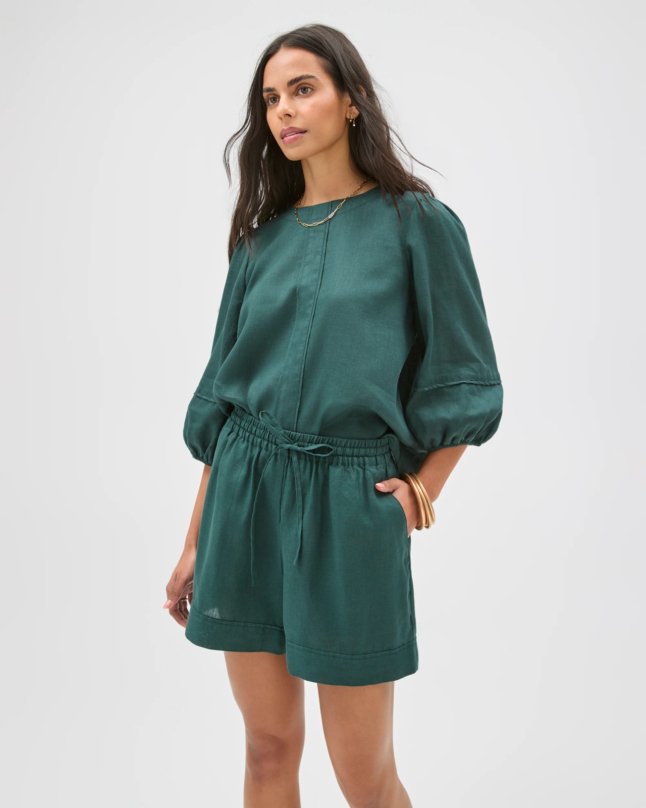 European Linen Pull On Shorts - Deep Forest 2 of 6