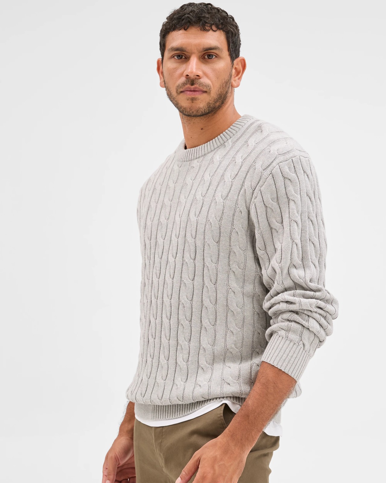 Australian Cotton Midweight Cable Knit Sweater - Grey Marle 3 of 6