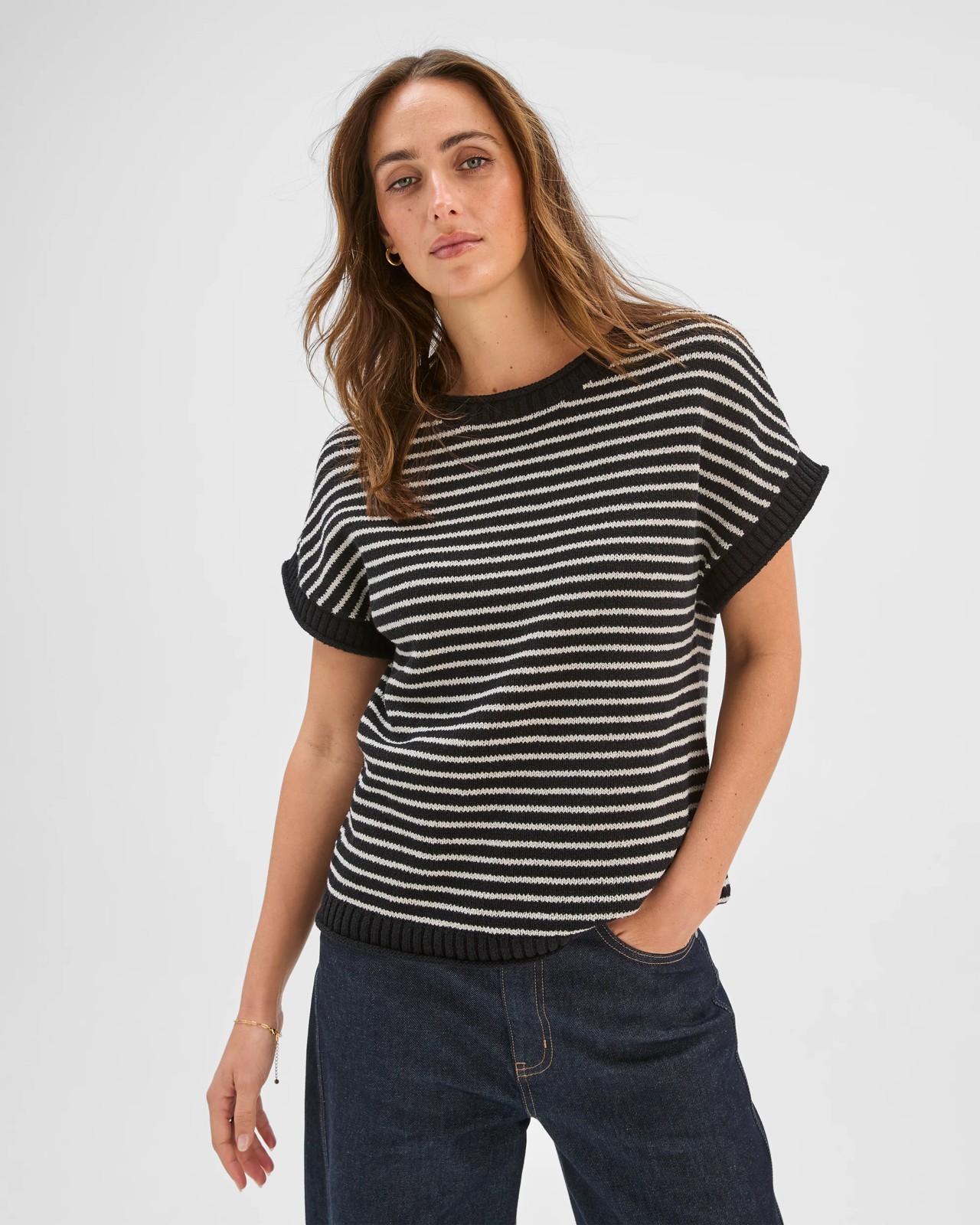 Australian Cotton Blend Boucle Roll Trim Knit Top - Black/Pumice Stripe 5 of 6
