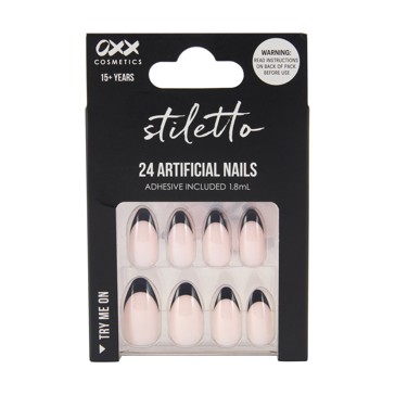 24 Pack Artificial Nails with Adhesive, Stiletto Shape, Black French Tip - OXX Cosmetics