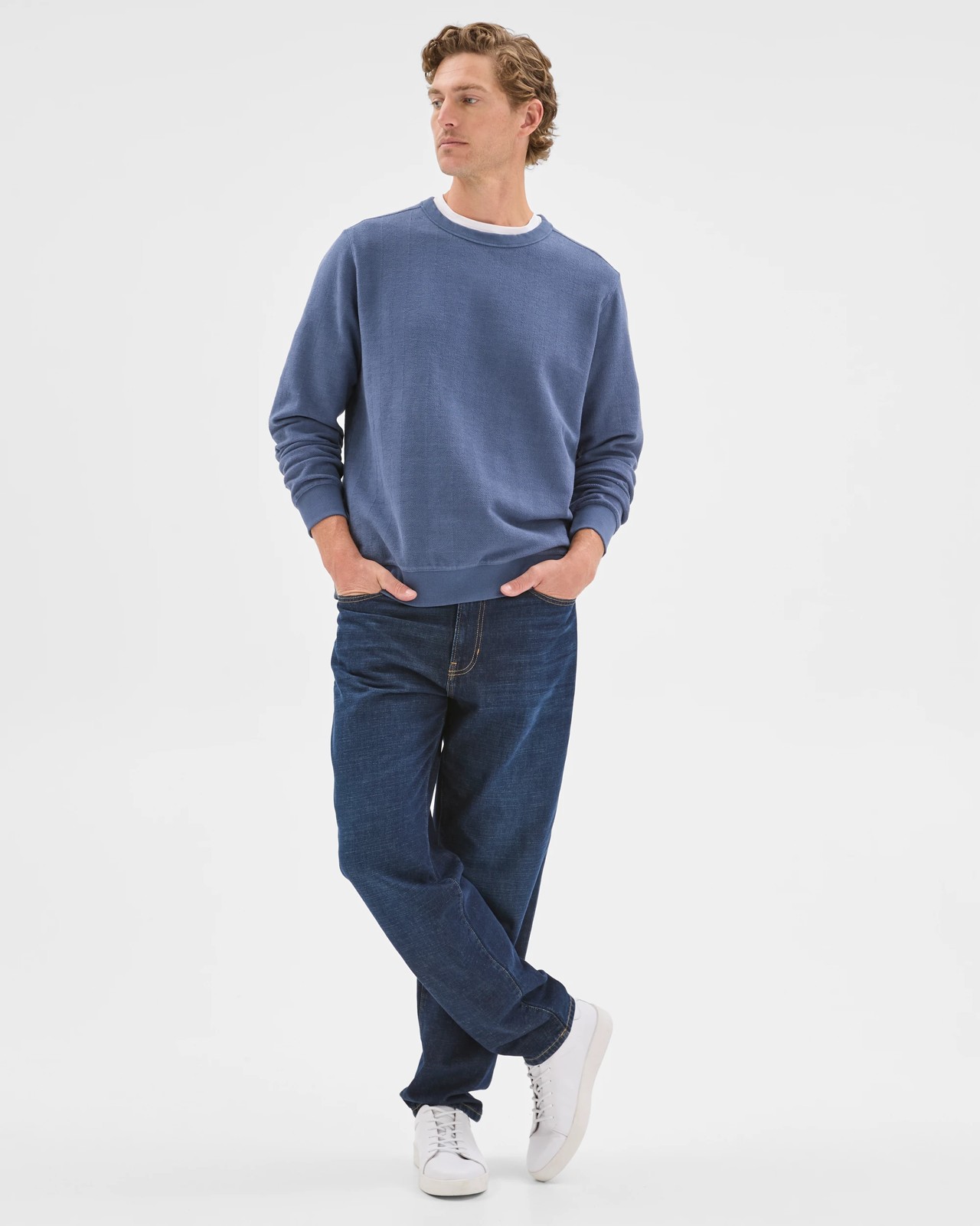 Australian Cotton Herringbone Long Sleeve Crew Neck Fleece Top - Blue Stone 3 of 6