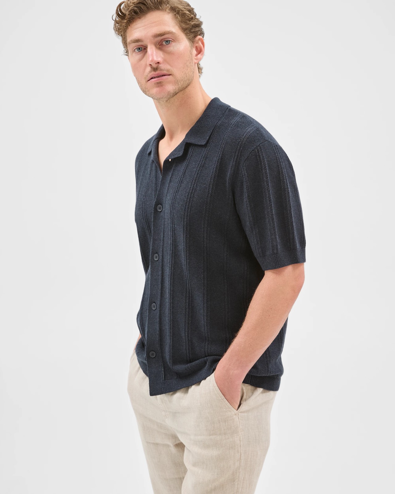 Australian Cotton Short Sleeve Textured Stripe Knit Shirt - Navy 5 of 6