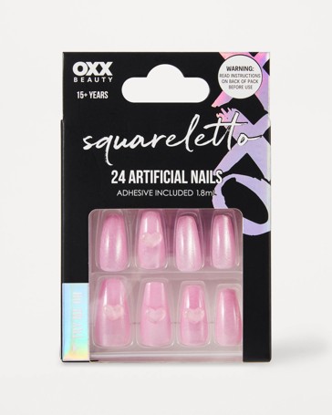 OXX Beauty 24 Pack Artificial Nails with Adhesive, Squareletto Shape - Pink - 3D Heart