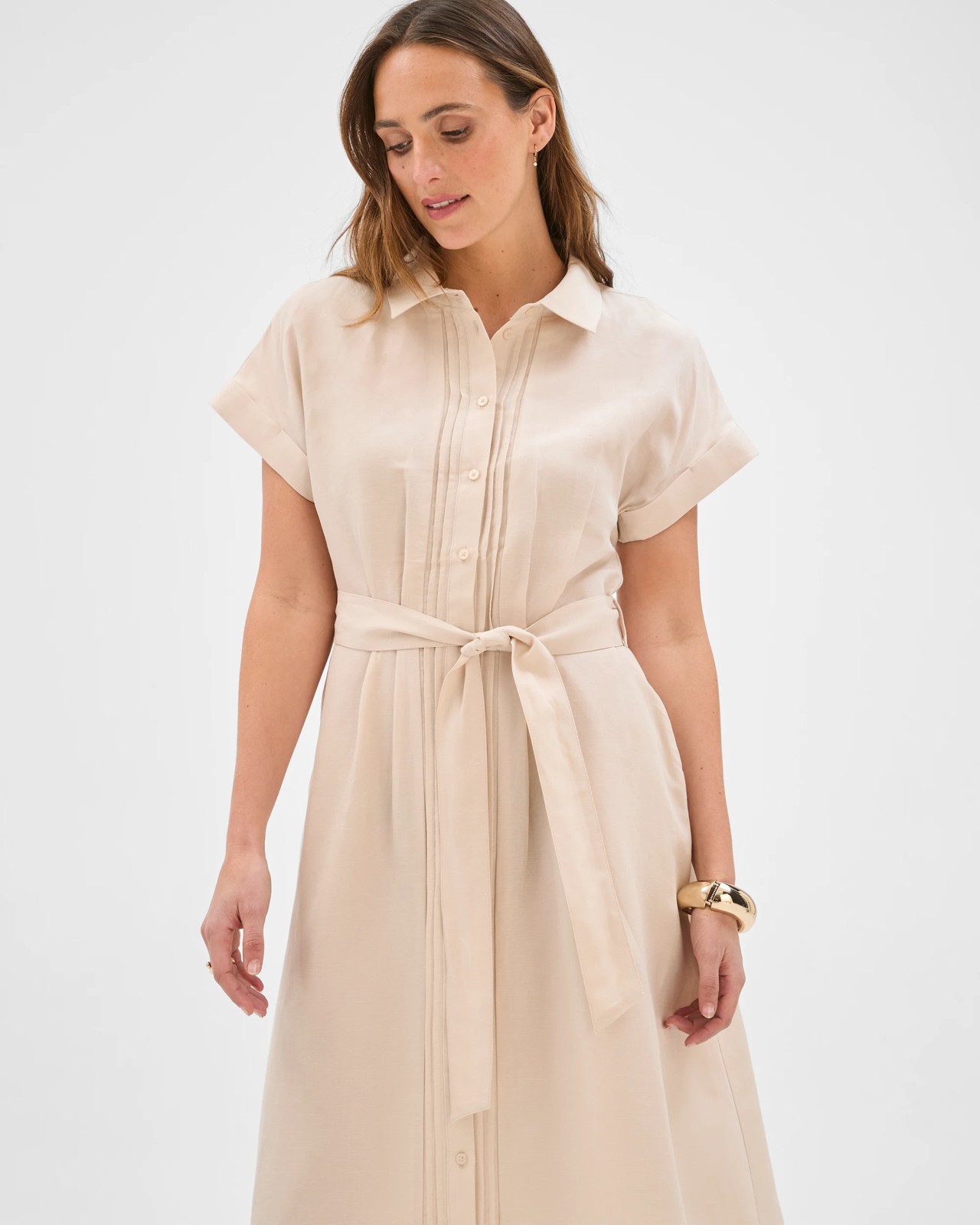 Preview Short Sleeve Pintuck Midi Shirt Dress - Pumice X Dye 4 of 5