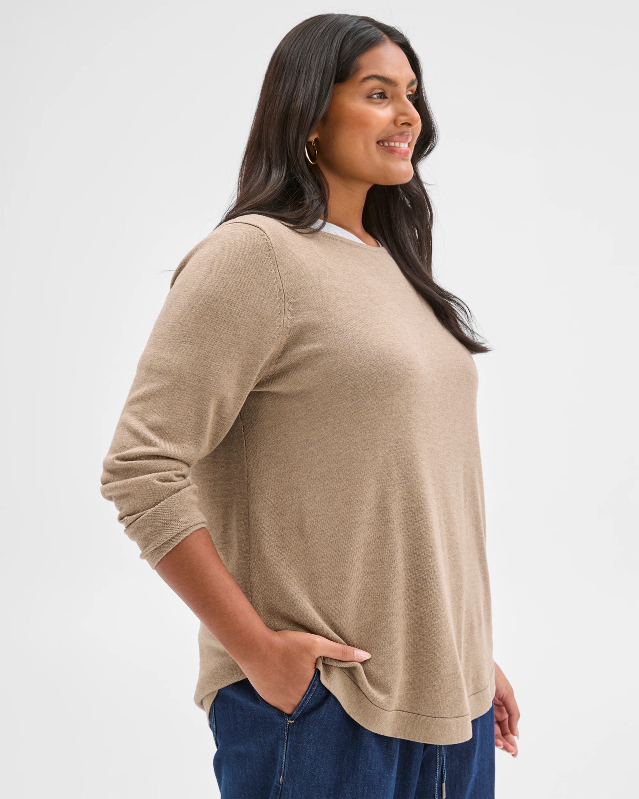 Plus Size Long Sleeve Curve Hem Rib Jumper - Dark Fawn Marle 4 of 5