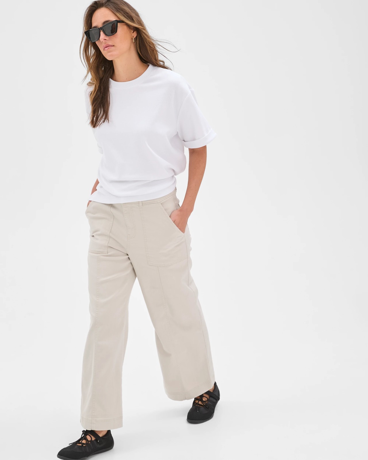 Australian Cotton Blend Stretch Twill Wide Leg Pants - Parchment 2 of 5