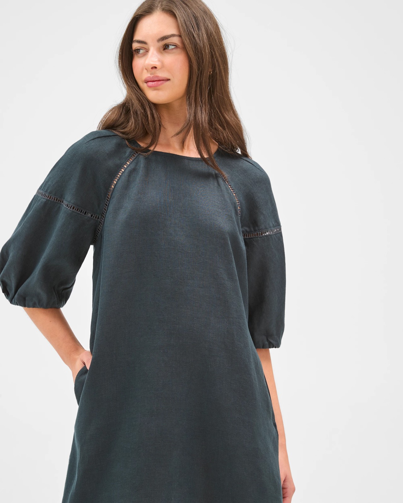 Petites European Linen Trim Detail Mini Dress 3 of 5
