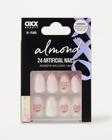 OXX Beauty 24 Pack Artificial Nails with Adhesive, Almond Shape - 3D Teddy