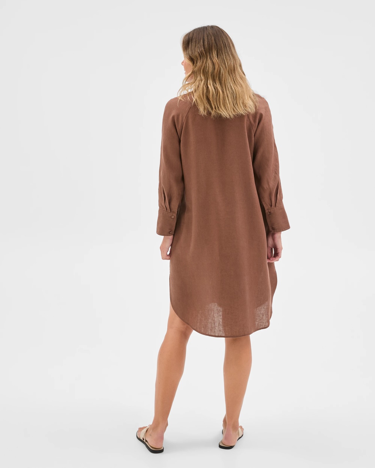 European Linen 3/4 Sleeve Midi Shirt Dress - Warm Brown 6 of 6