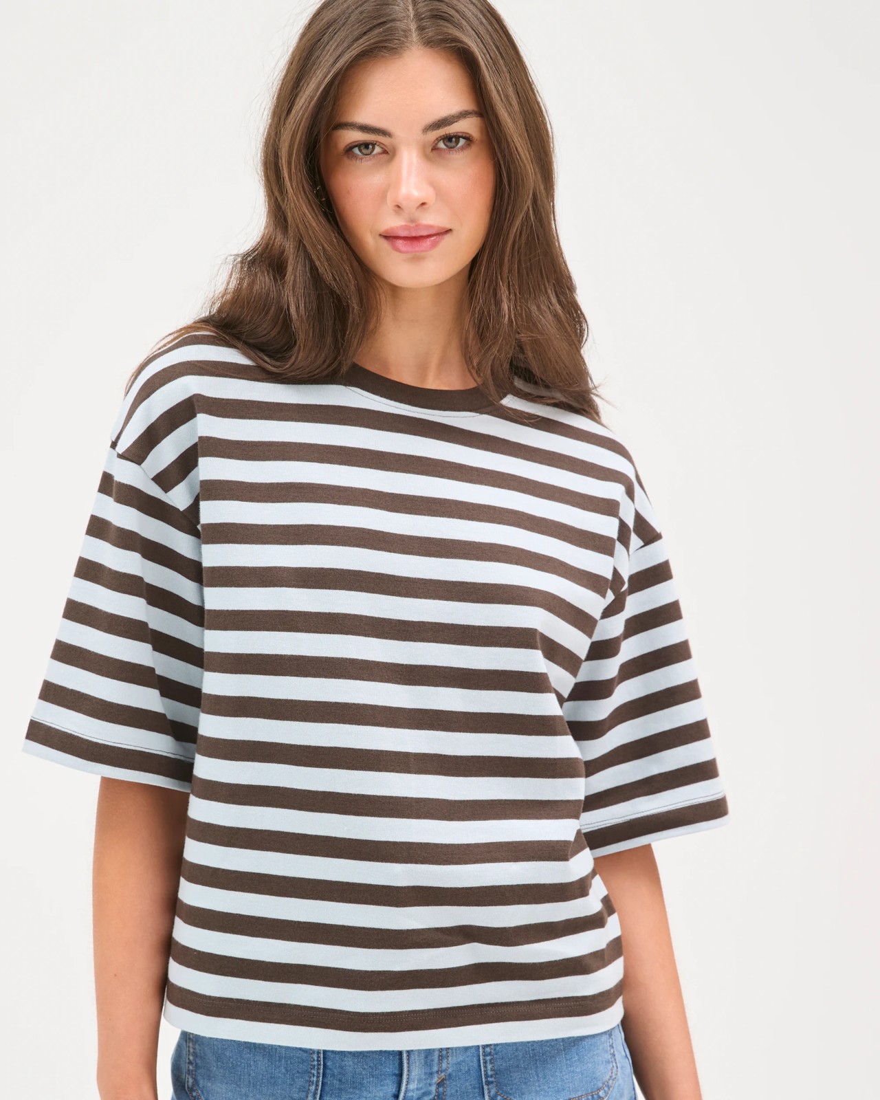 Petites Australian Cotton 3/4 Wide Sleeve Boxy T-Shirt - Black Coffee/Blue Mist Stripe 5 of 5