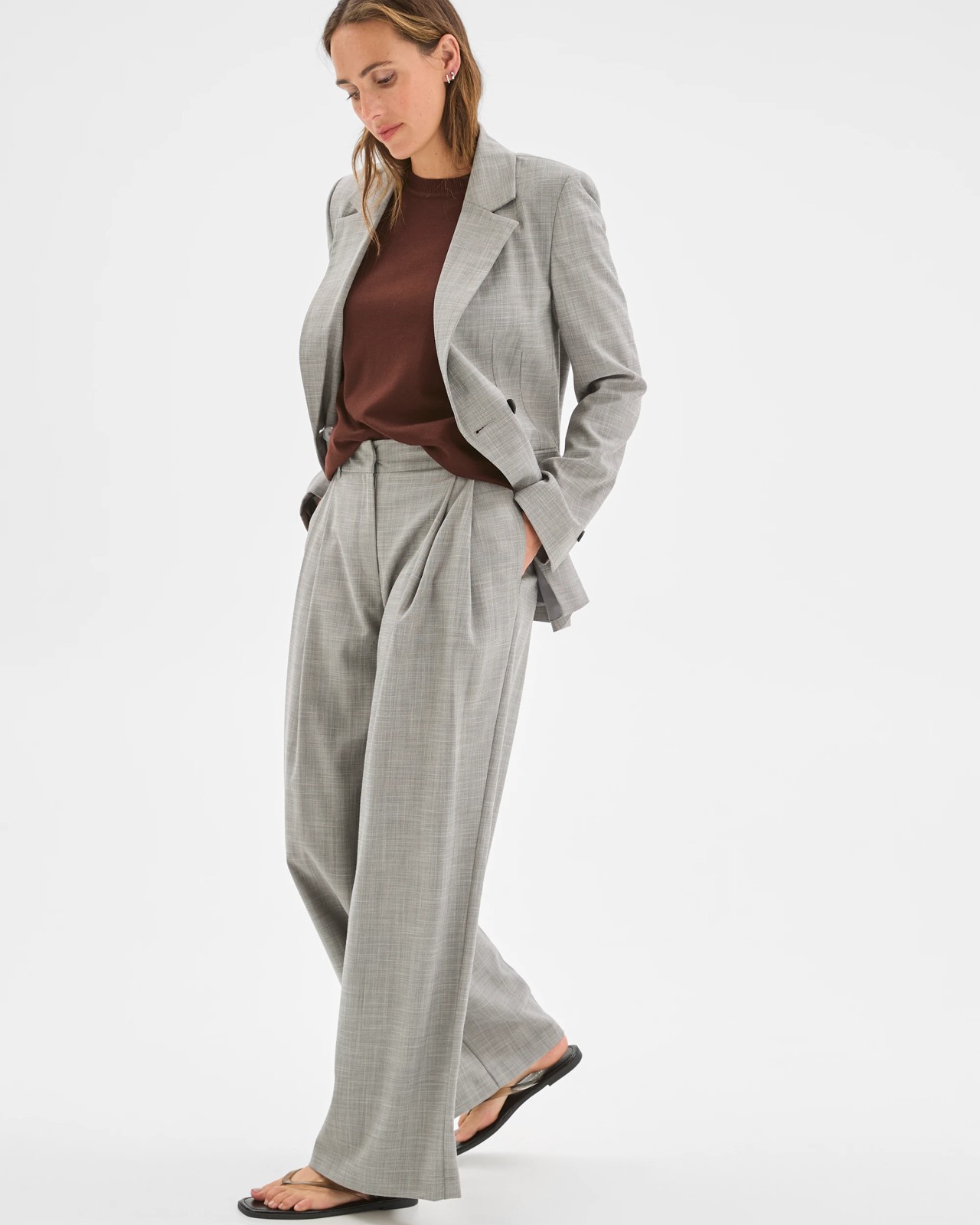 Preview Double Pleat Wide Leg Pants - Grey Melange 3 of 6