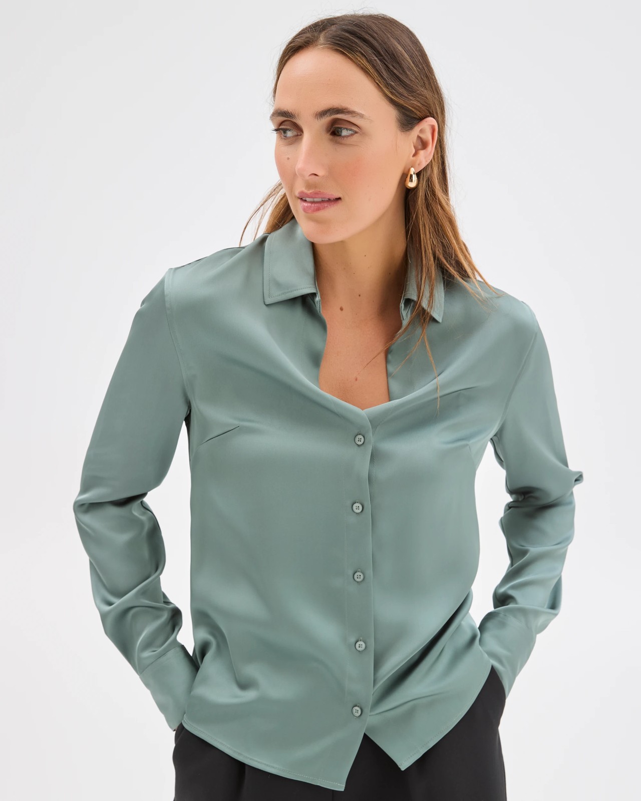Preview Satin Long Sleeve Button Up Shirt - Seafoam 3 of 5