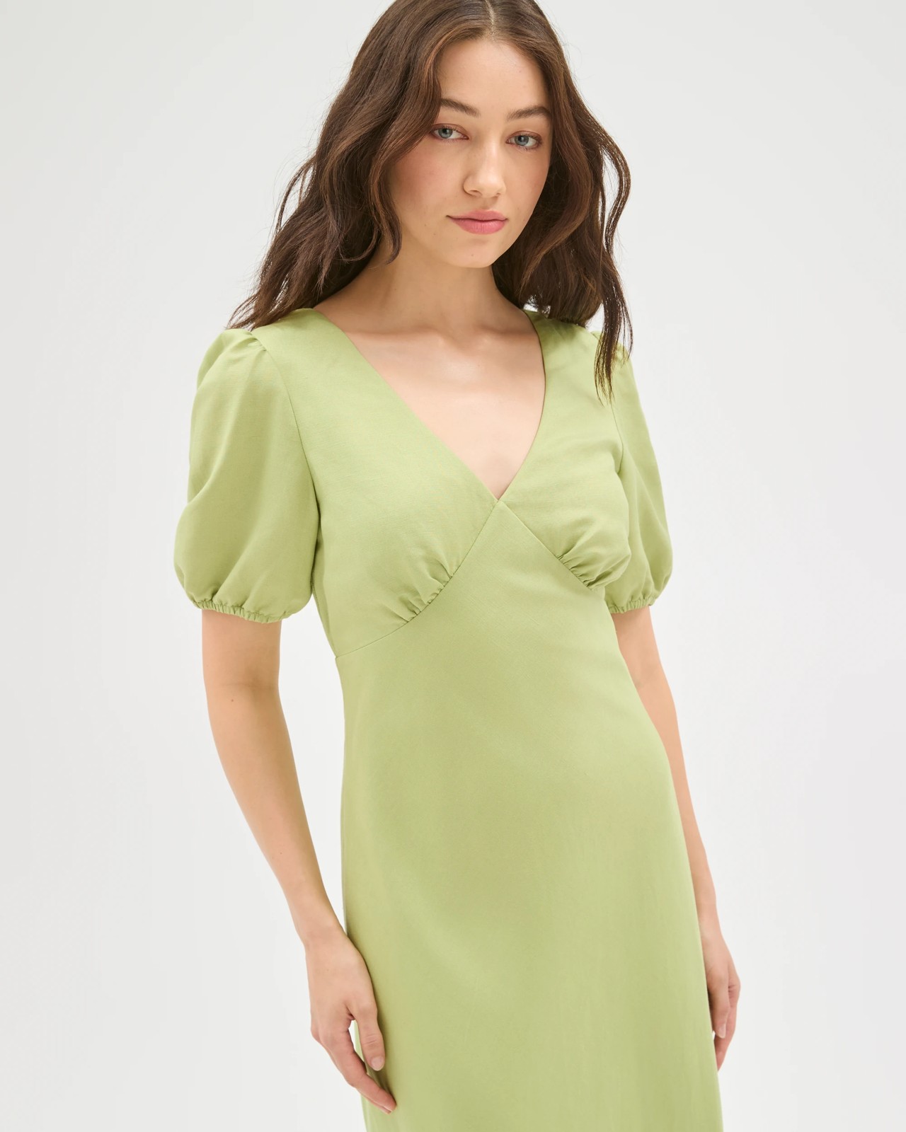 Lily Loves European Linen Blend Puff Sleeve Midi Dress - Matcha Green 5 of 5