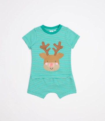 Baby Organic Cotton Striped Christmas Reindeer Pyjama Set
