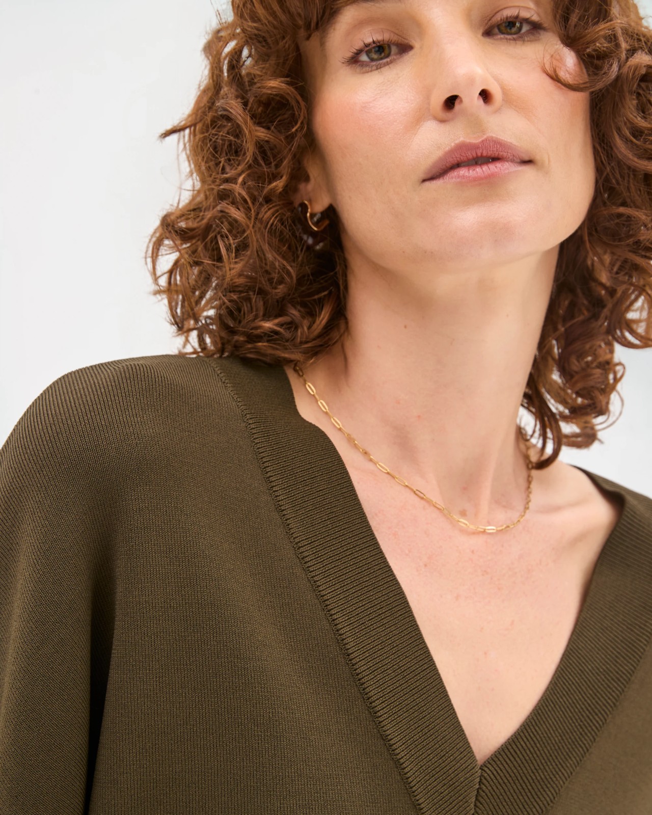 Preview Crepe Knit V-Neck Sweater - Dark Olive 4 of 5