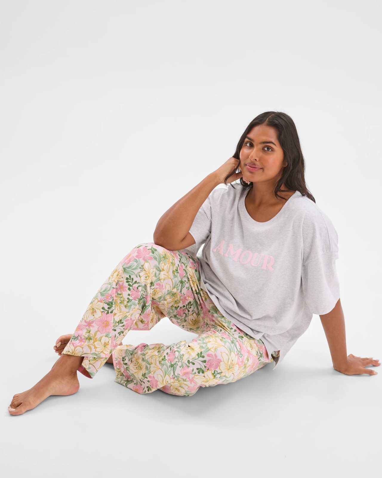 Plus Size Australian Cotton 7/8 Length Jersey Pyjama Set - Floral / Multi 4 of 6