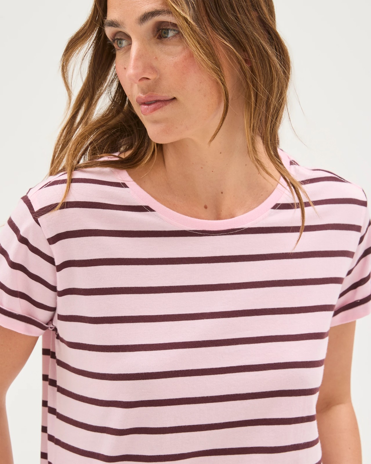 Relaxed Fit Crew Neck T-Shirt - Pink Rose/Merlot Stripe 4 of 6
