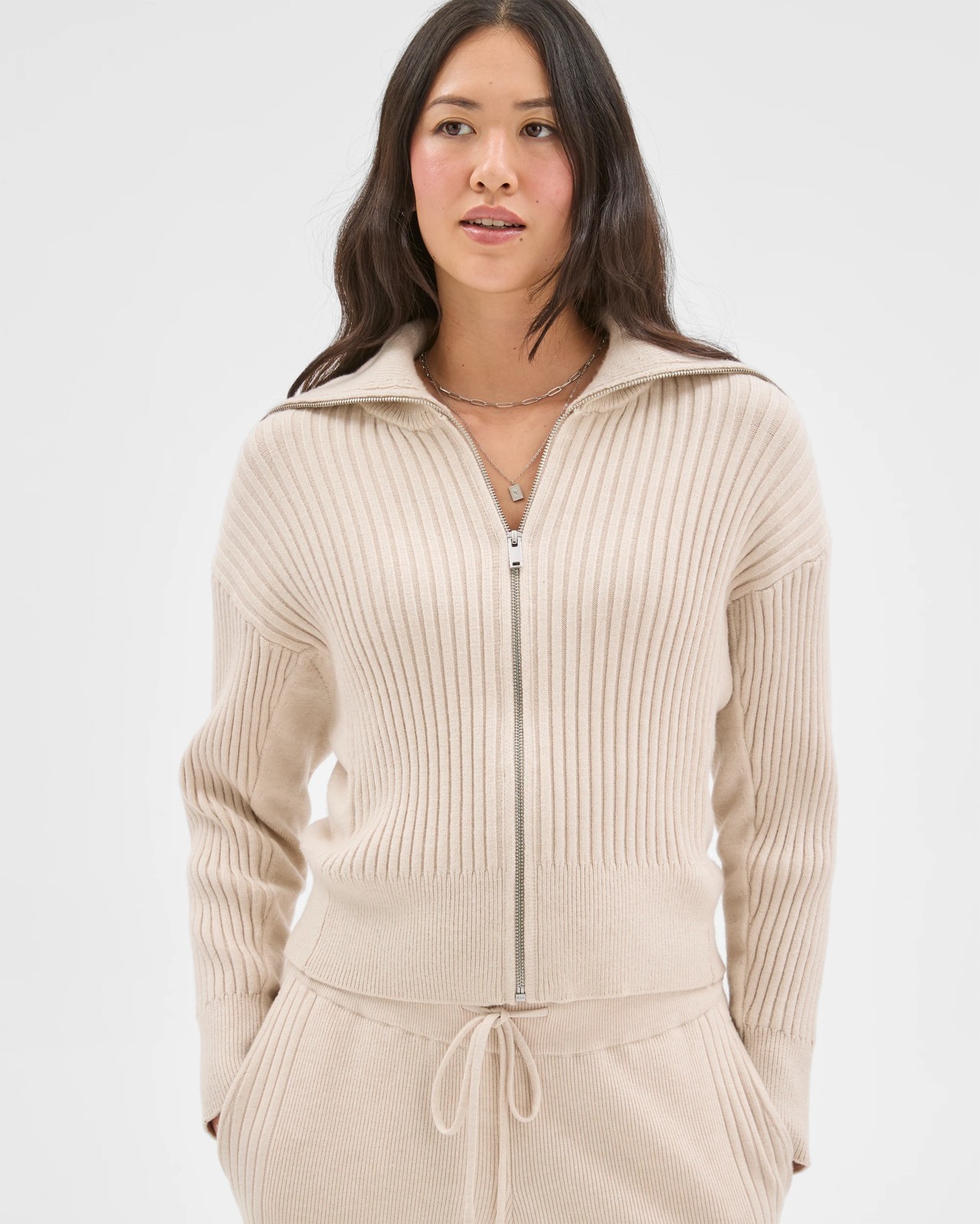 Clean Knit Rib Zip Through Jumper - Birch Marle 2 of 5