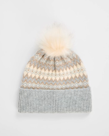 Fair Isle Faux Fur Pom Pom Beanie