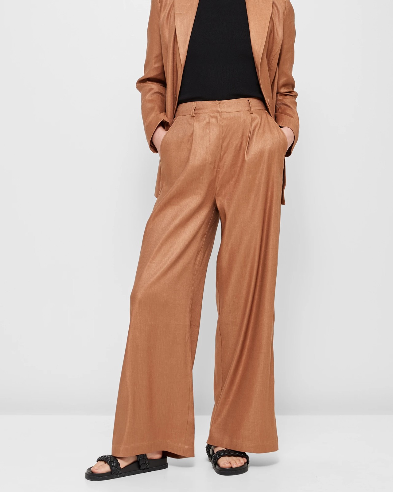 Khaki Linen Blend Wide Leg Trousers