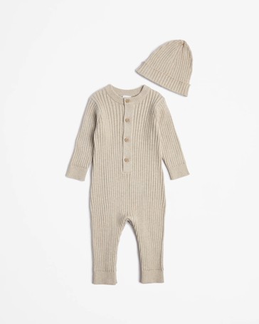 Baby Organic Cotton Ribbed Knit Romper With Beanie