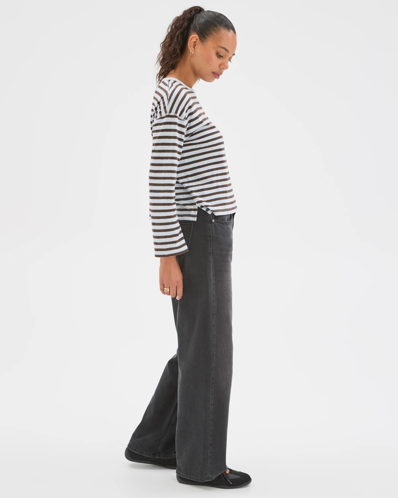 Australian Cotton Long Sleeve Relaxed Slub T-Shirt - Sky Blue/Coffee Bean Stripe 5 of 6