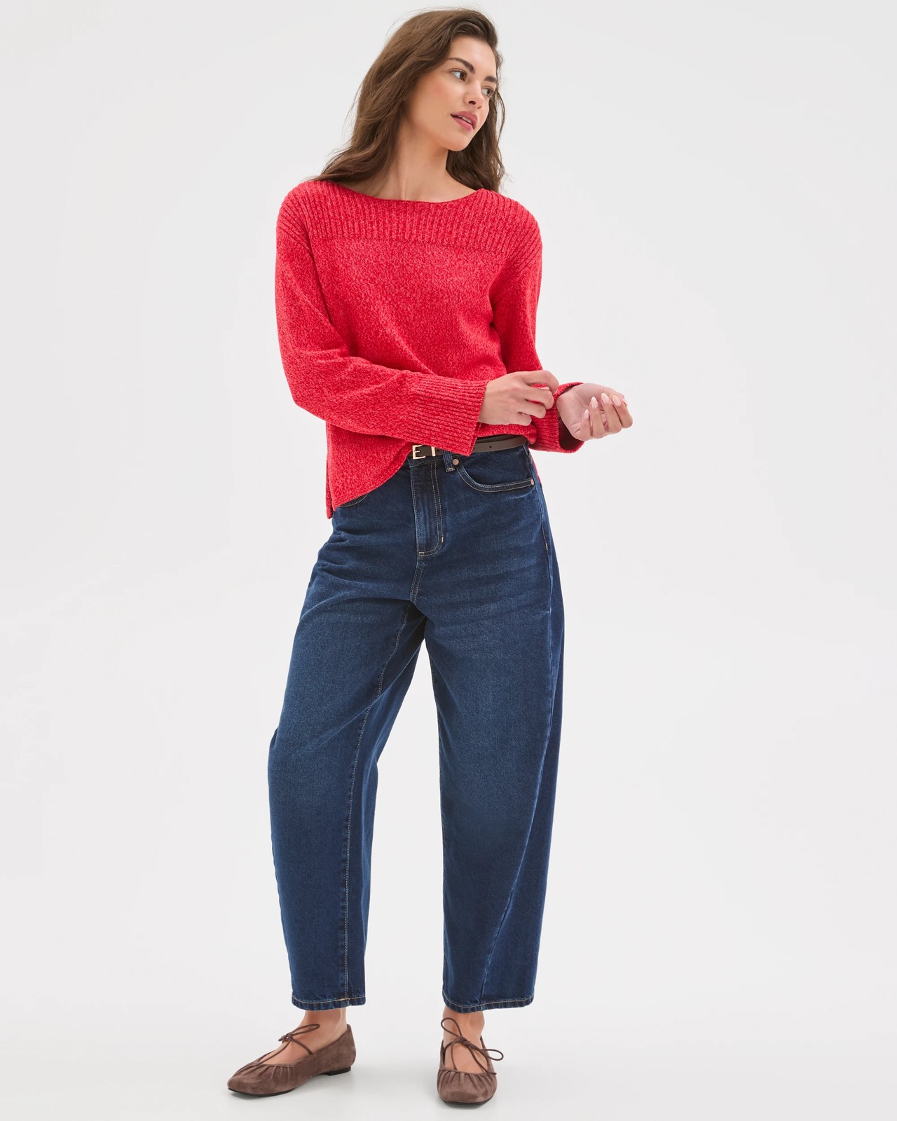 Petites Australian Cotton Blend Rib Trim Ottoman Boat Neck Jumper - True Red Twist 4 of 5