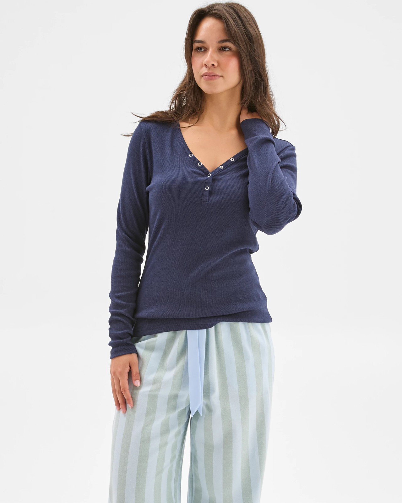 Australian Cotton Blend Henley Soft V-Neck T-Shirt - Navy 2 of 6