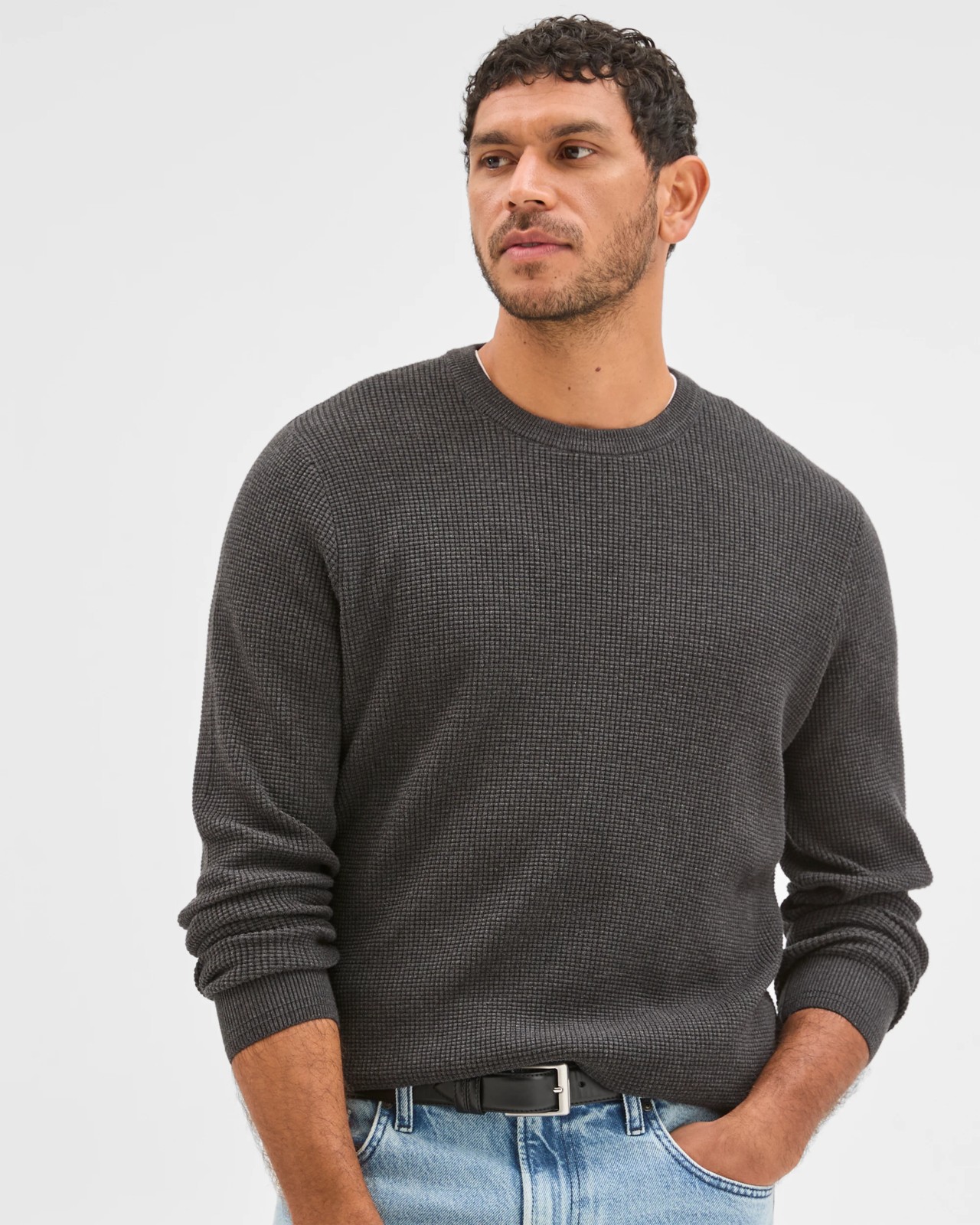 Australian Cotton Lightweight Waffle Knit Crew Neck Jumper - Black Marle 3 of 6