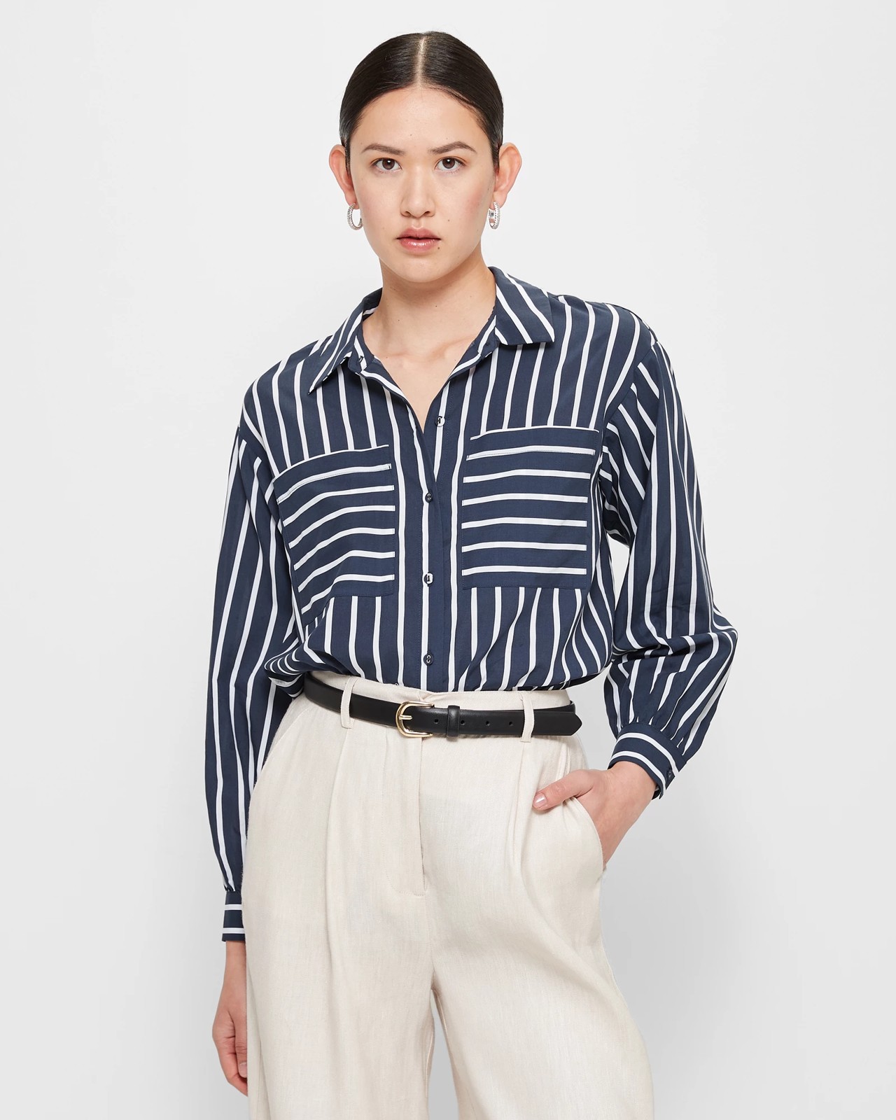 Double Pocket Oversized Shirt - Preview - Navy / White Stripe