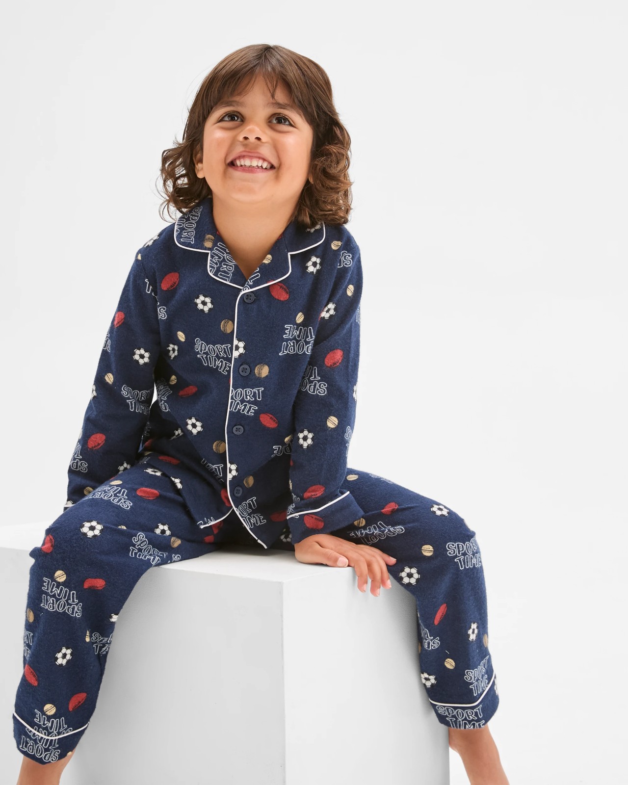 Younger Boys Australian Cotton Long Sleeve Top & Long Length Pants Flannel Pyjama Set - Sports 2 of 5
