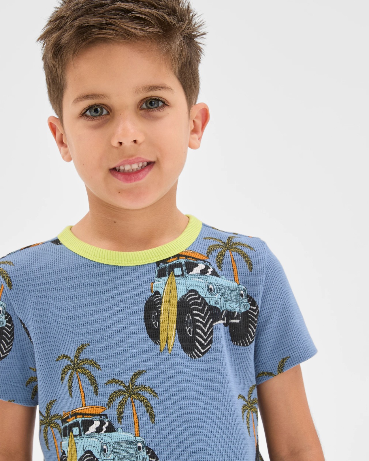 Organic Cotton Younger Boys Elevated Knit Waffle Pyjama Set - Multi Surf Van 2 of 6