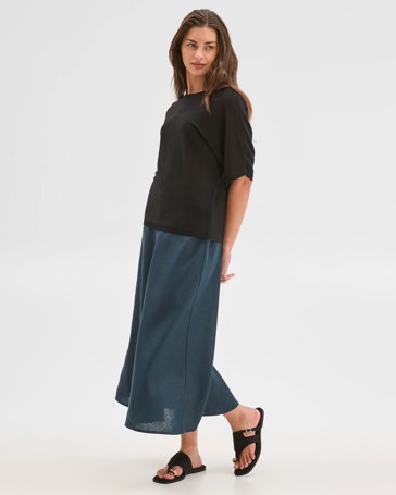 Petites European Linen Seam Detail Midi Skirt