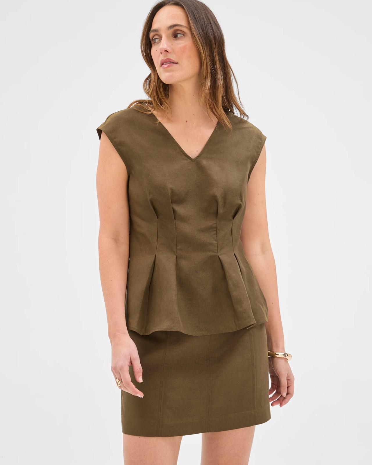 Preview Tania Sleeveless Tuck Waist V-Neck Tunic Top 2 of 5