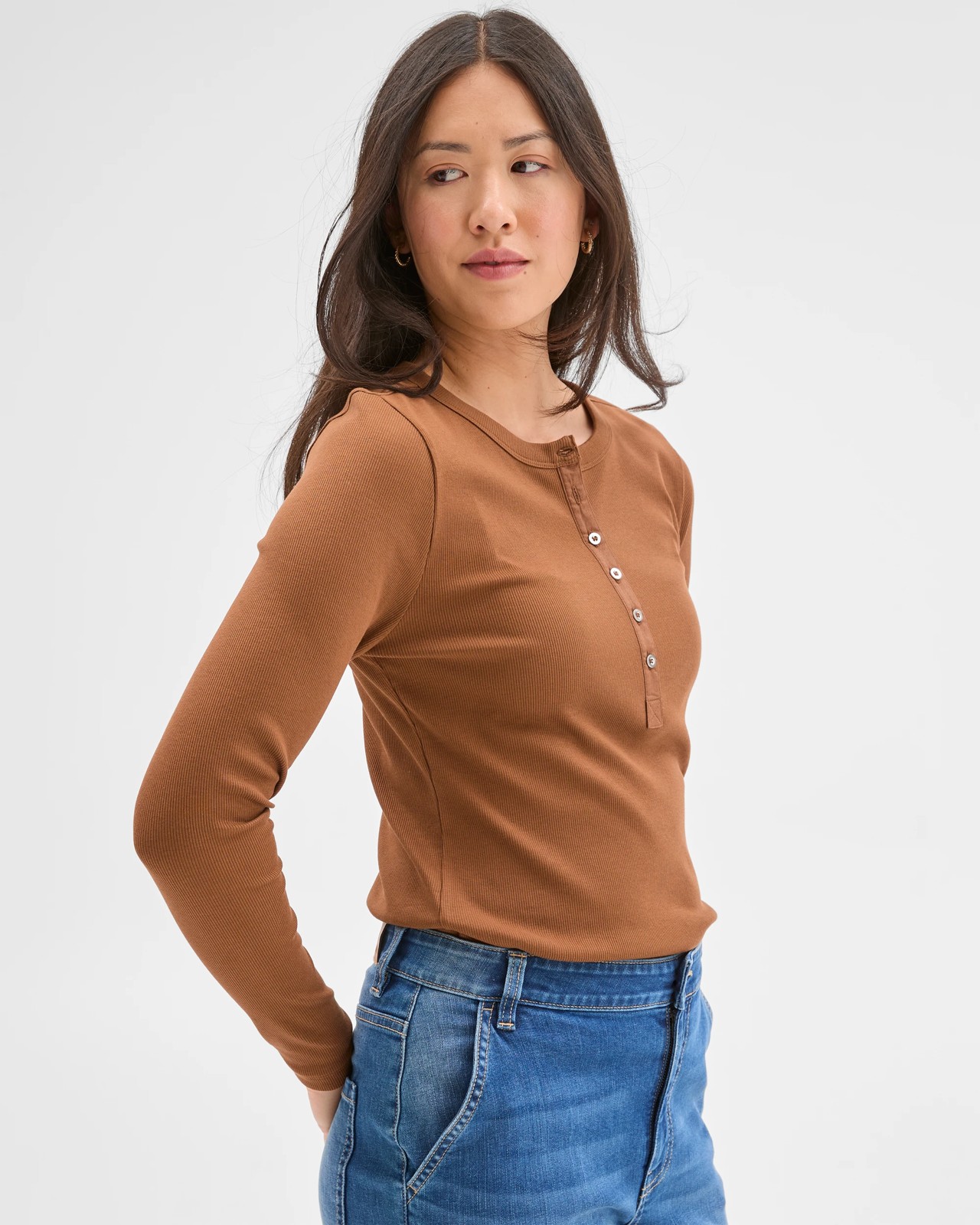 Australian Cotton Long Sleeve Rib Henley T-Shirt - Coconut Shell 5 of 5